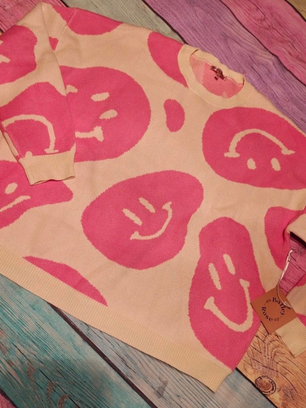 Large oversized Bailey Rose pink smiley face sweater #0450